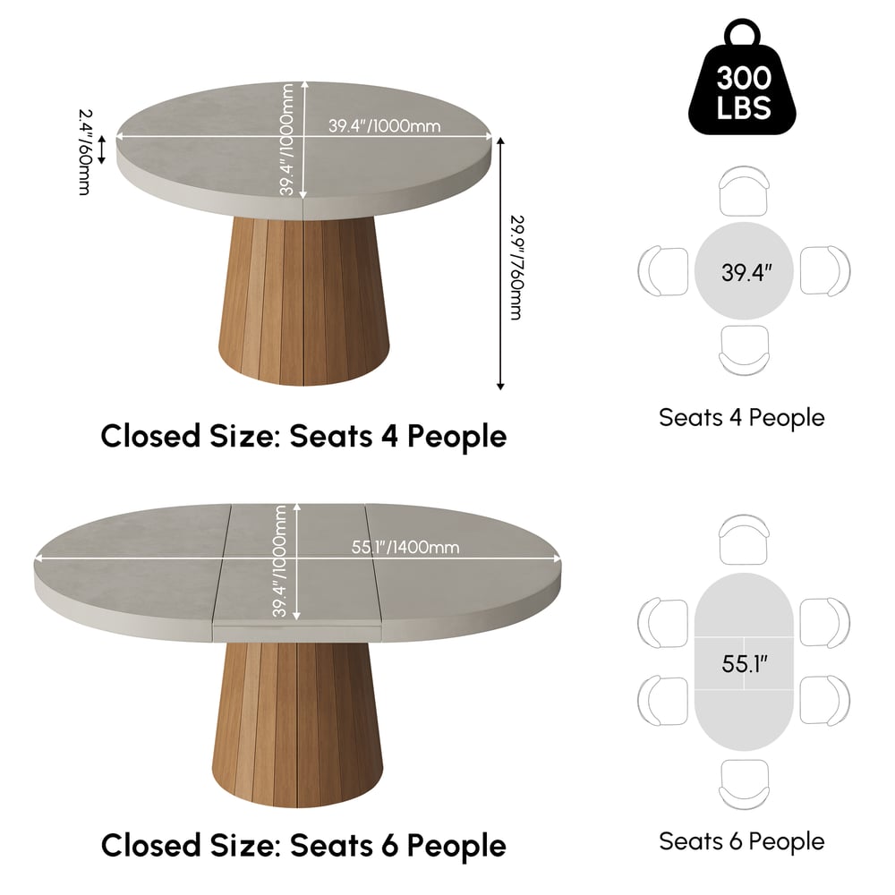39"-55" Japandi Style Oval & Round Extendable Wood Dining Table Gray Seats 4-6 People weights dimensions image