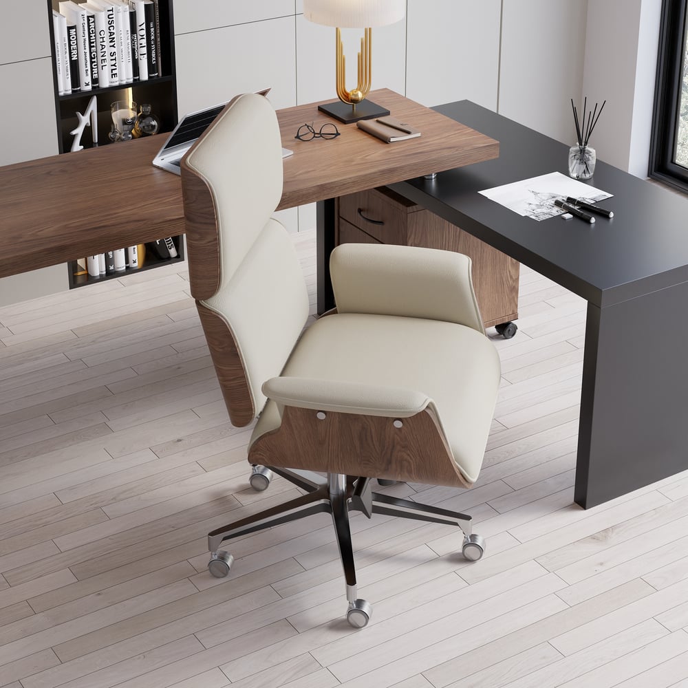 Modern Off White Home Office Chair Upholstered Swivel Task Office Chair High Back window image
