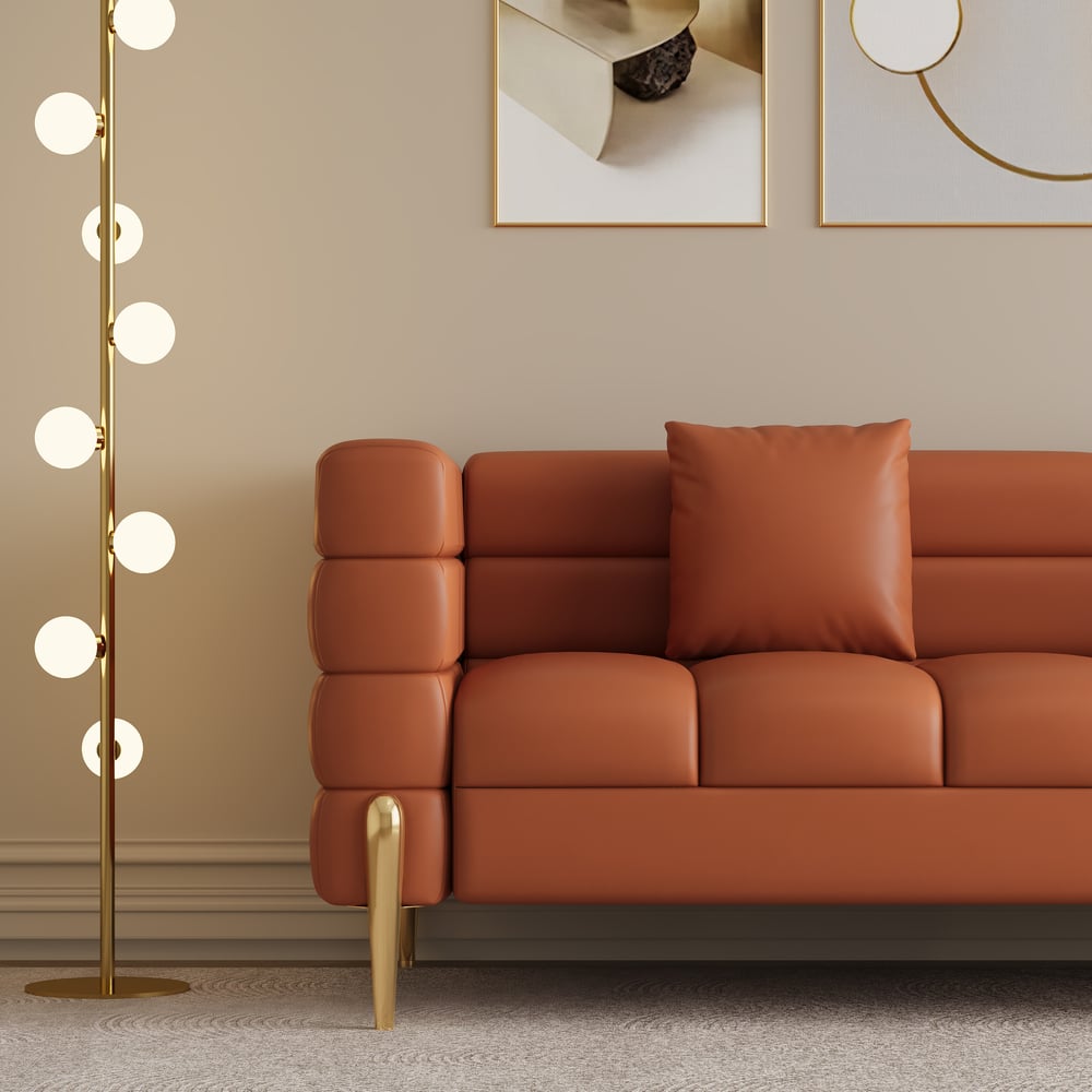 Aurora 79" Faux Leather Fluted Sofa with Gold Legs & Pillows window image