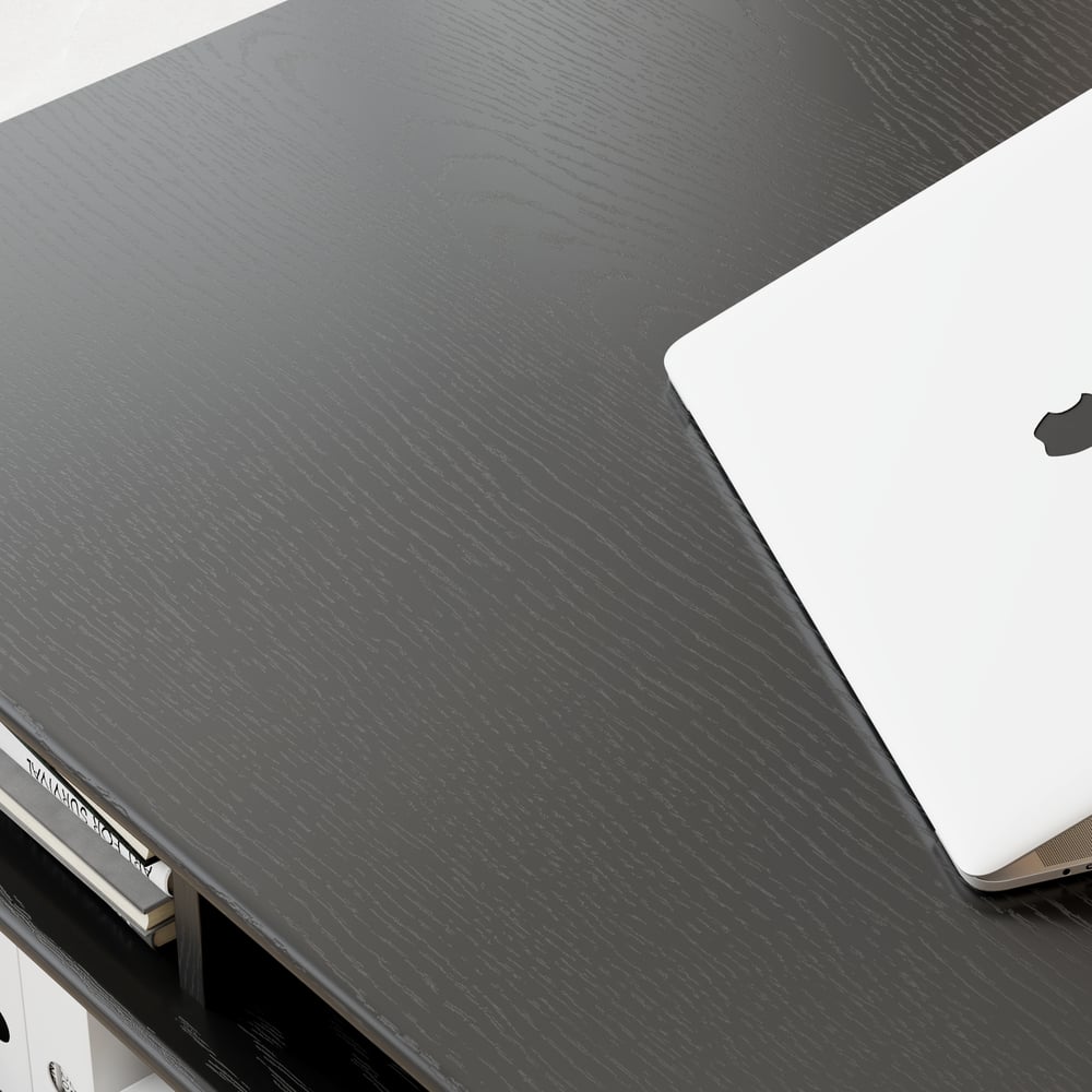 Mesa de escritório doméstico de madeira preta em estilo de meados do século de 1625 mm com 6 gavetas Imagem da janela