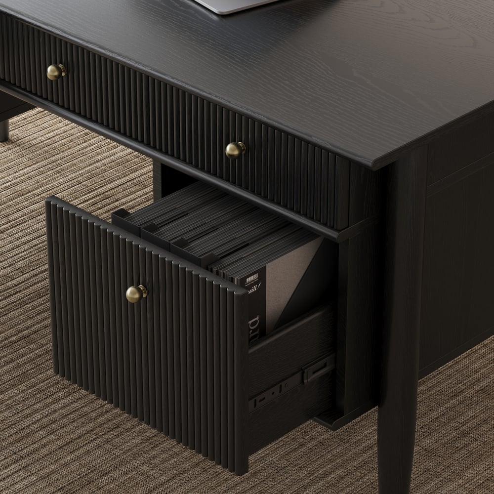 Mesa de escritório doméstico de madeira preta em estilo de meados do século de 1625 mm com 6 gavetas Imagem da janela