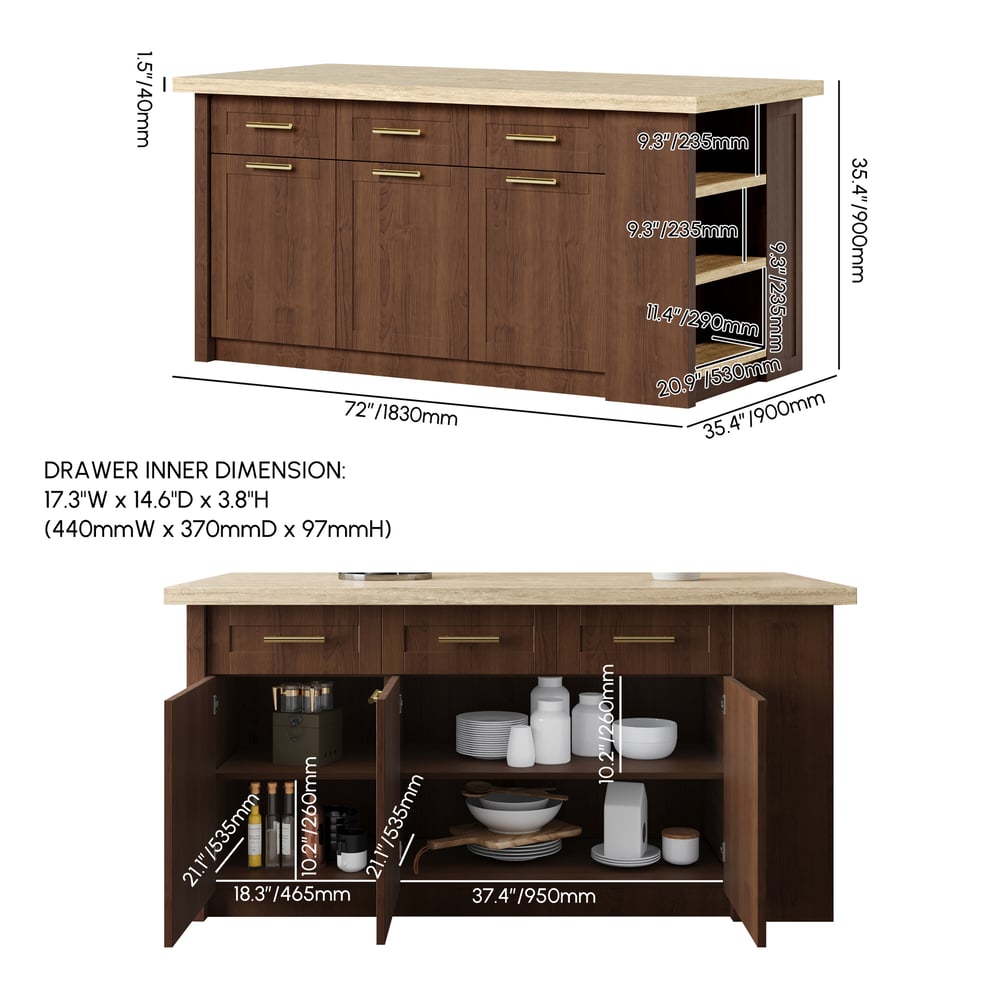 Ilha de cozinha grande de nogueira de 1830 mm com armazenamento Armário de cozinha moderno Imagem com pesos e dimensões
