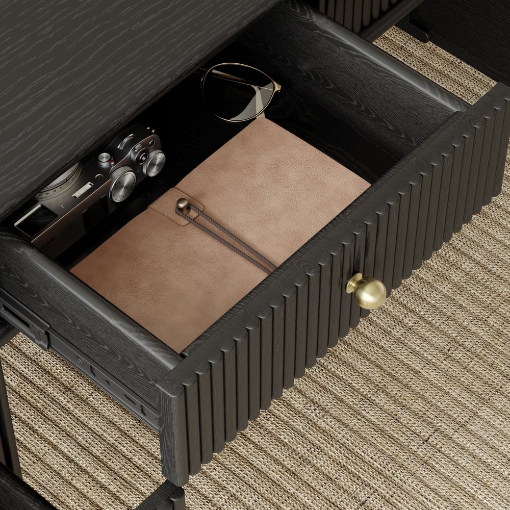 Mesa de escritório doméstico de madeira preta em estilo de meados do século de 1625 mm com 6 gavetas Imagem da janela