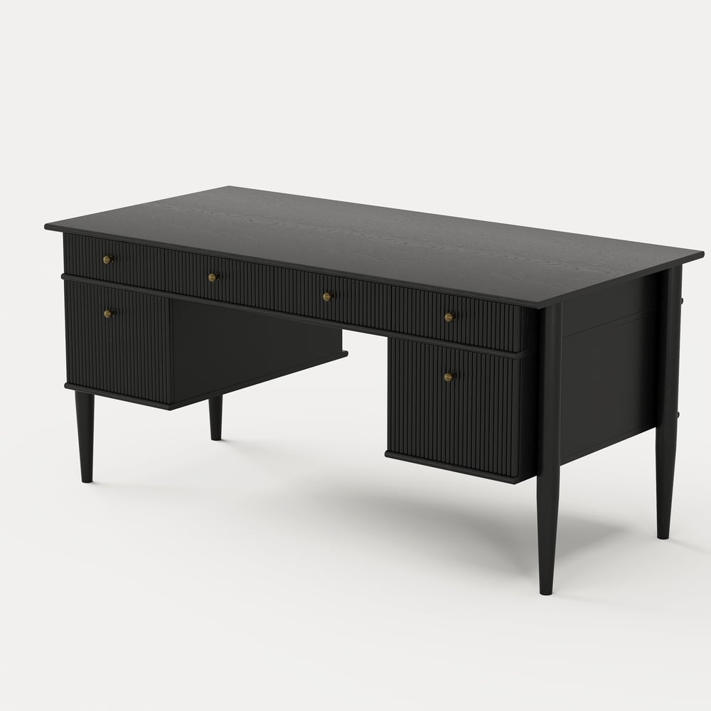 Mesa de escritório doméstico de madeira preta em estilo de meados do século de 1625 mm com 6 gavetas Imagem da janela