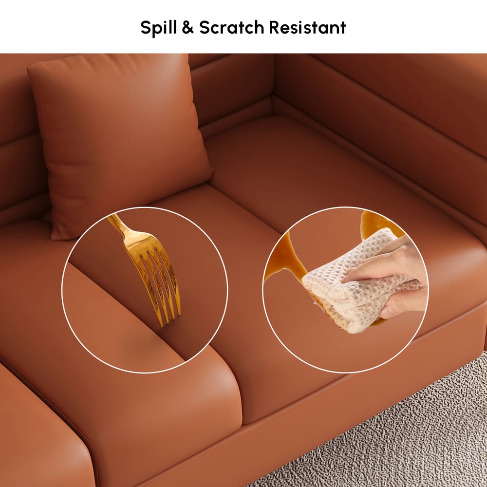 Aurora 79" Faux Leather Fluted Sofa with Gold Legs & Pillows window image