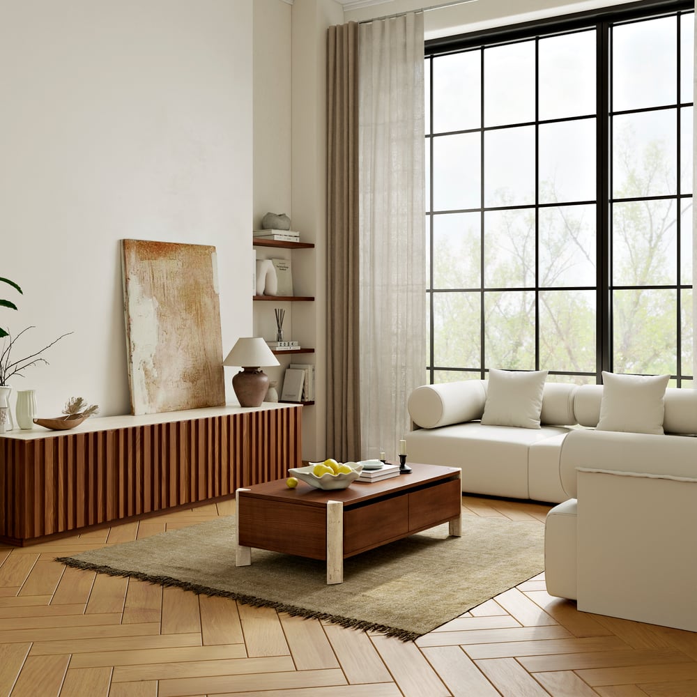 Aura 83" Ash Wood Slatted Walnut TV Stand with Sintered Stone Top window image