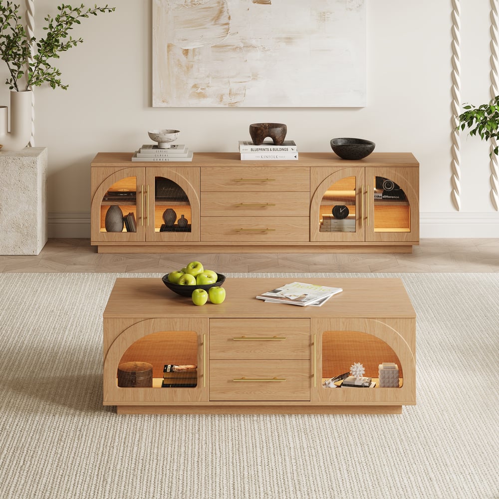 Arune 47" Arched Glass Doors Coffee Table with Storage and LED window image