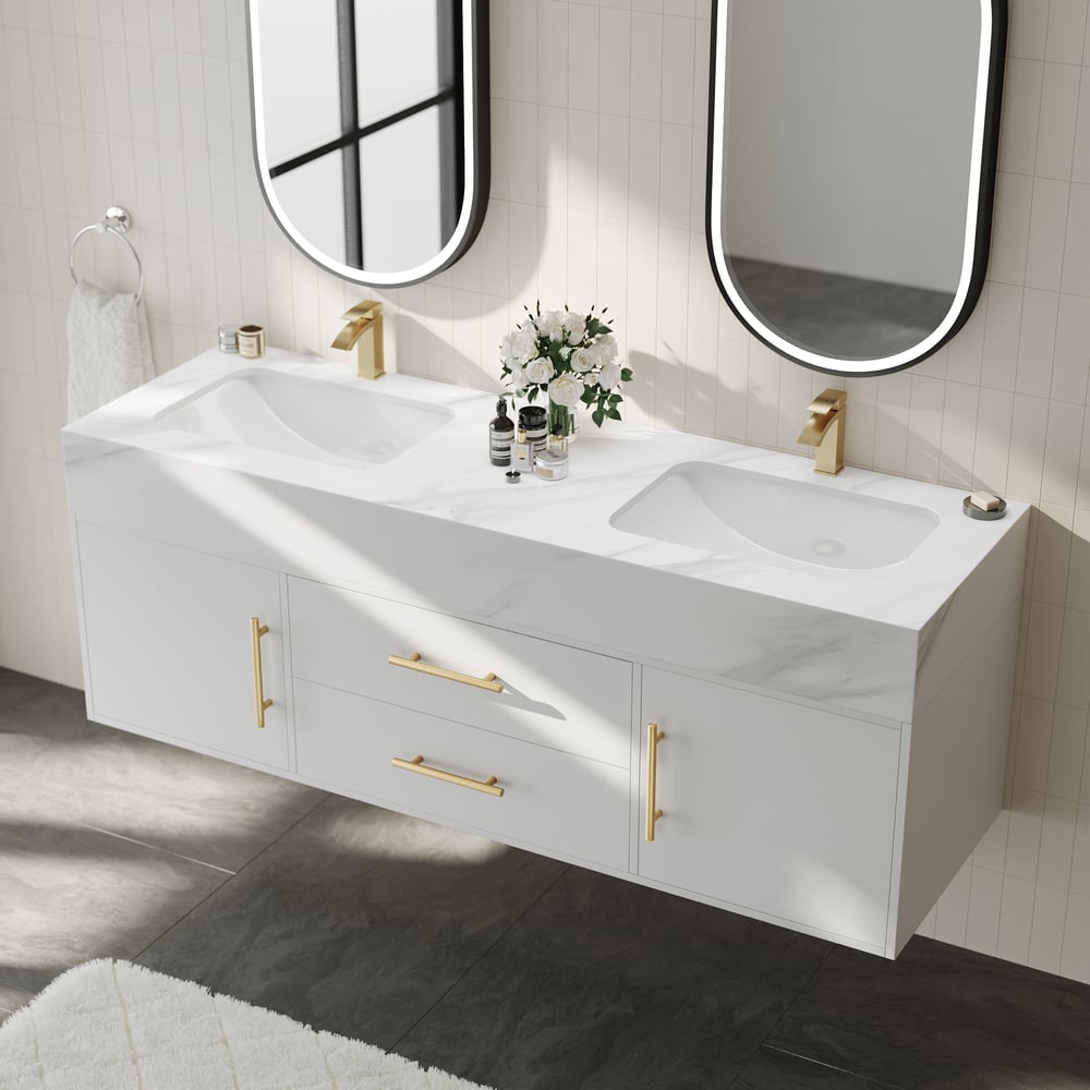 59" Double Sink Bathroom Vanity with Gold Handles – White Modern Floating Vanity window image