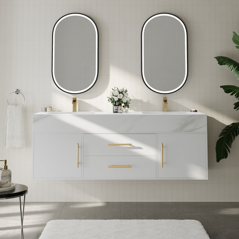 59" Double Sink Bathroom Vanity with Gold Handles – White Modern Floating Vanity window image