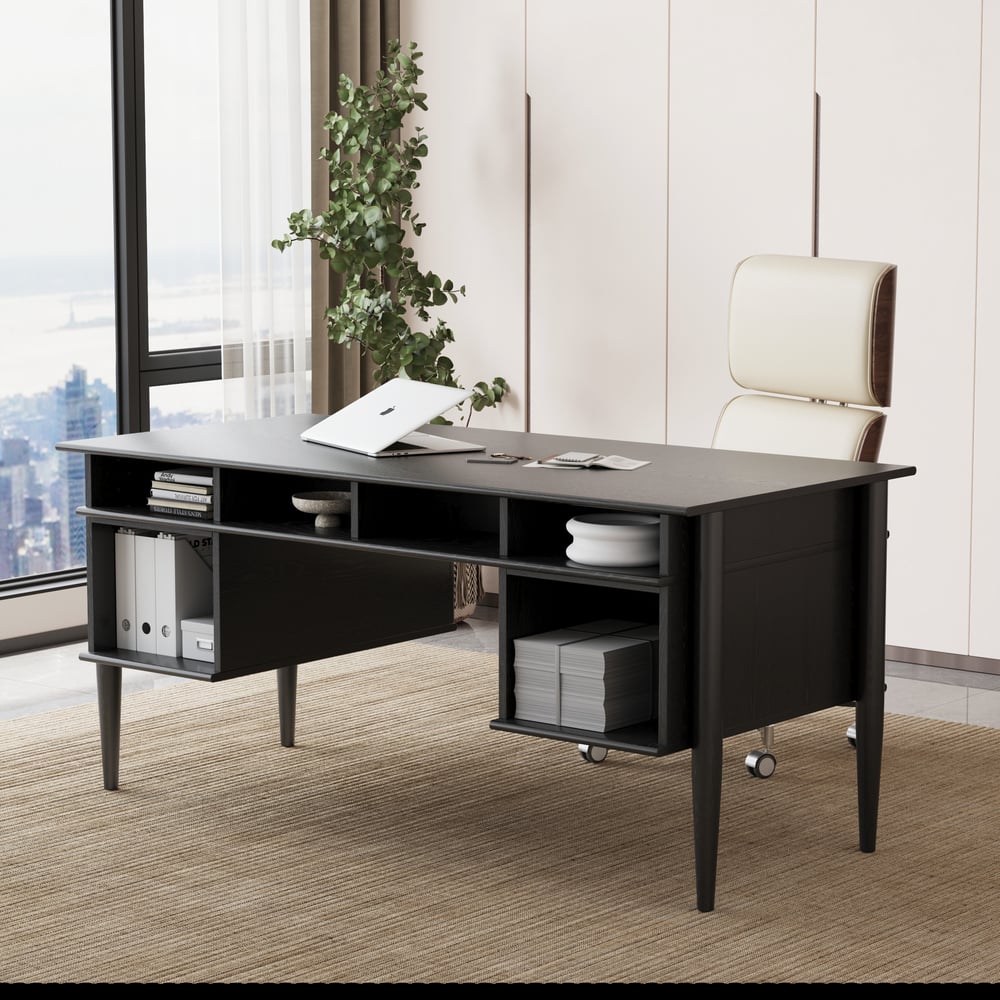 Mesa de escritório doméstico de madeira preta em estilo de meados do século de 1625 mm com 6 gavetas Imagem da janela