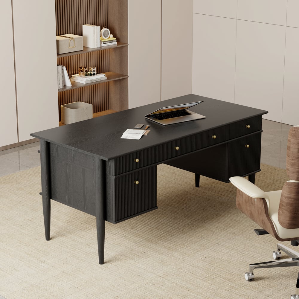 Mesa de escritório doméstico de madeira preta em estilo de meados do século de 1625 mm com 6 gavetas Imagem da janela