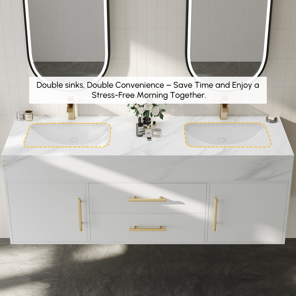 59" Double Sink Bathroom Vanity with Gold Handles – White Modern Floating Vanity window image