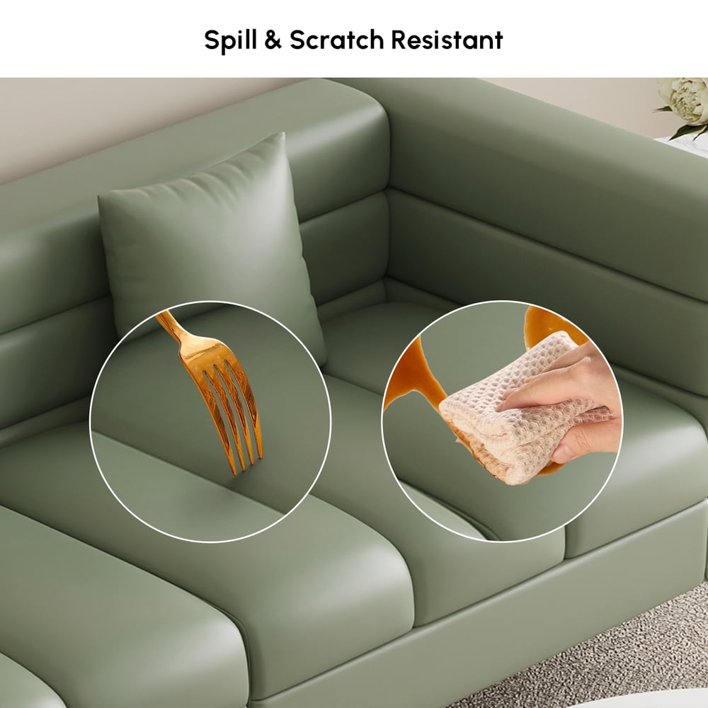 Canapé cannelé Aurora 2010 mm en similicuir avec pieds et coussins dorés image de fenêtre