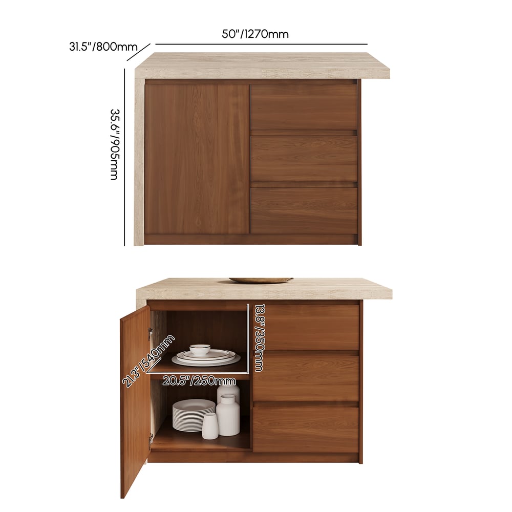 1270mm Modern Kitchen Island Walnut Laminate & 2 Counter Stools Set Storage Cabinet weights dimensions image