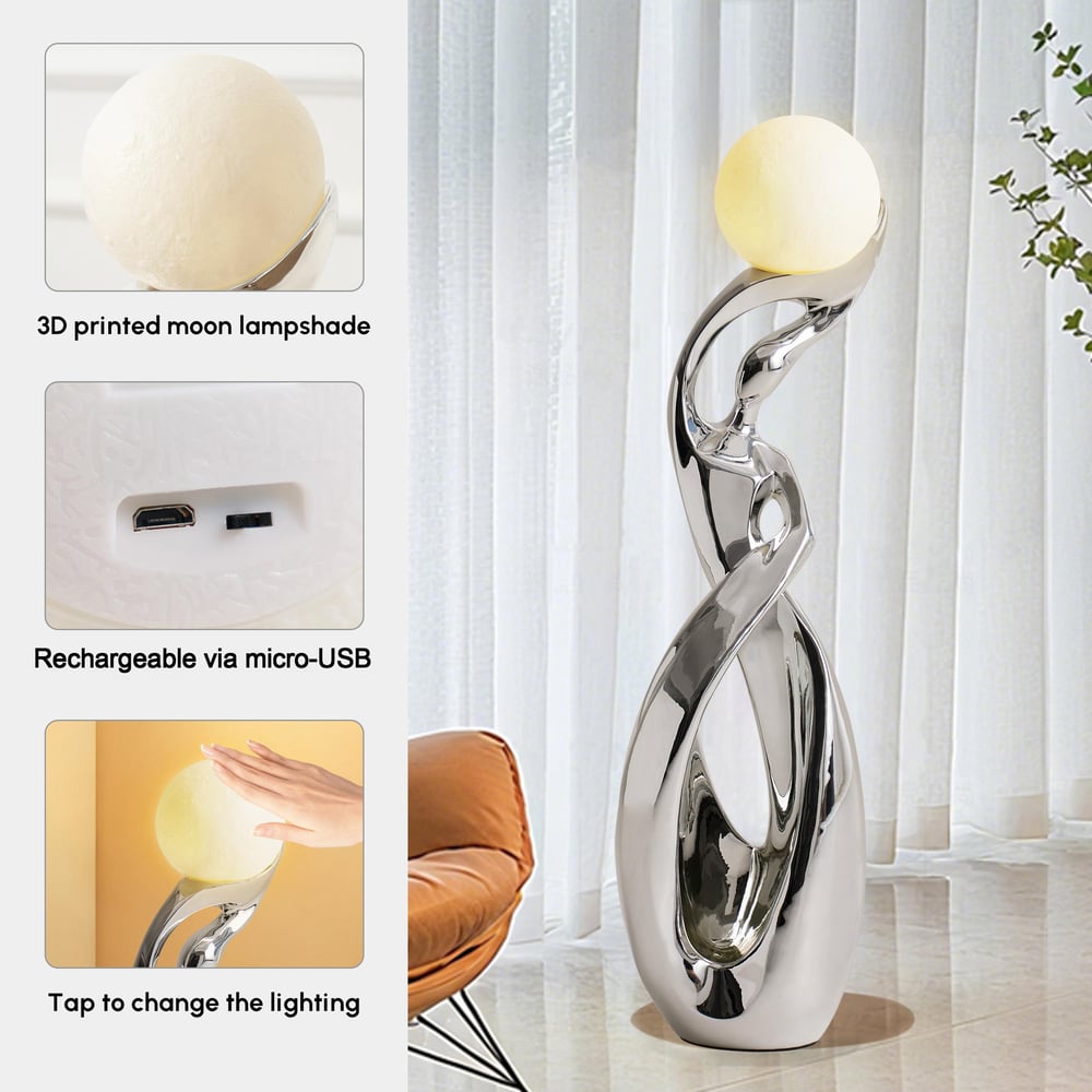 9" x 32" Silver Sculpture with Illuminated Sphere Art Decor window image