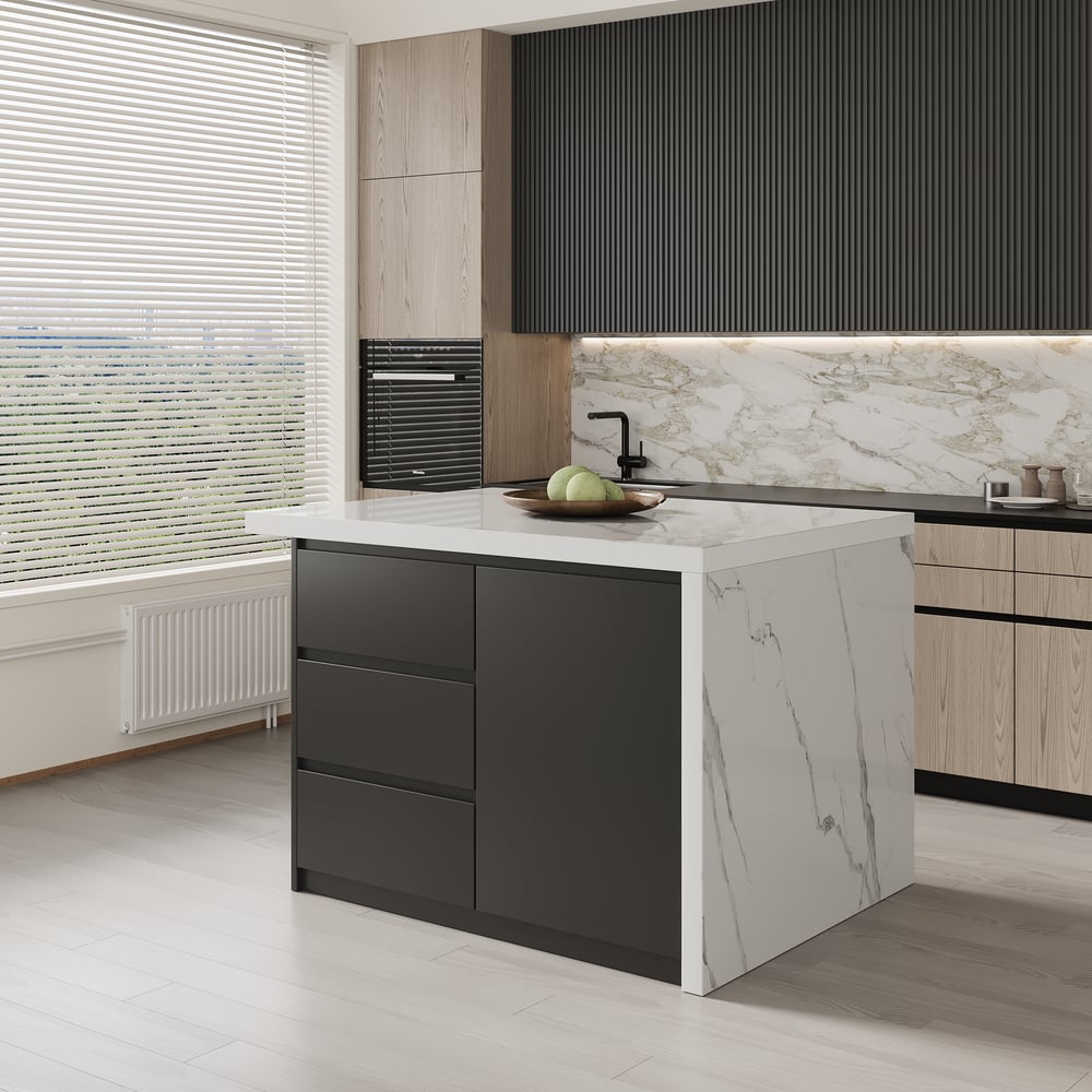 1270mm Kitchen Islands Marble Veneered Top Black Modern with Storage Kitchen Cabinet window image