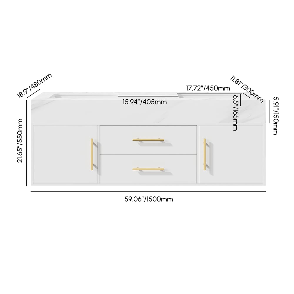 59" Double Sink Bathroom Vanity with Gold Handles – White Modern Floating Vanity weights dimensions image