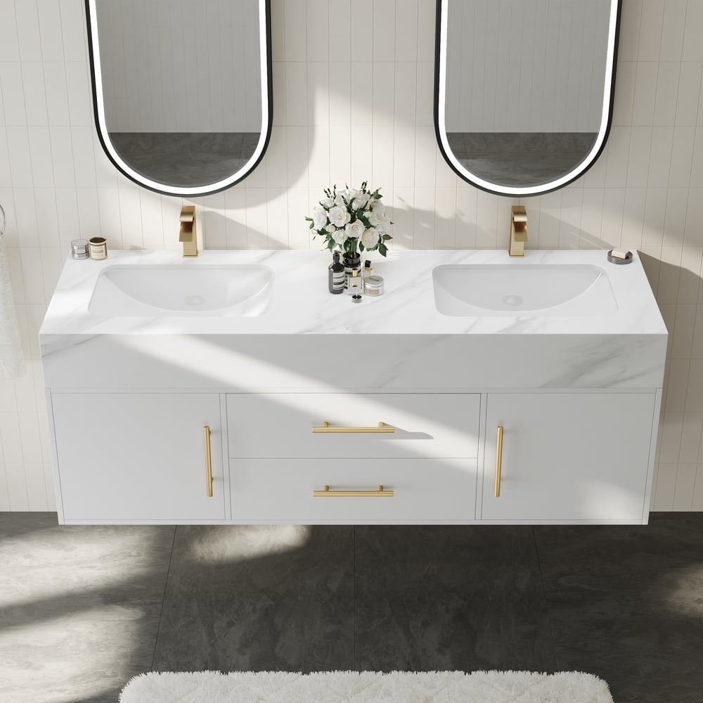 59" Double Sink Bathroom Vanity with Gold Handles – White Modern Floating Vanity window image