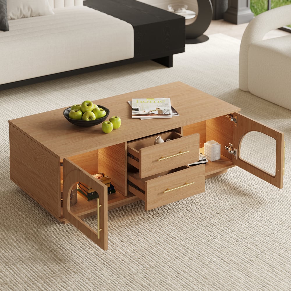 Arune 47" Arched Glass Doors Coffee Table with Storage and LED window image