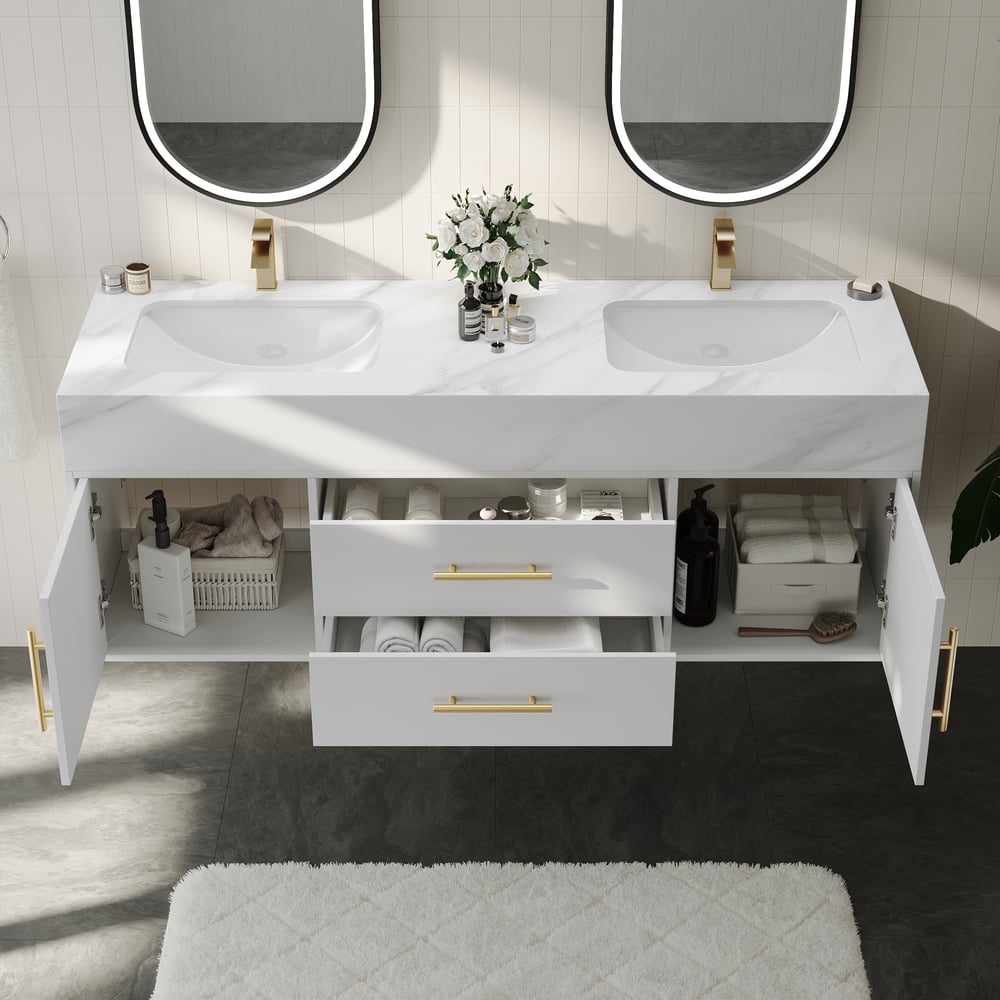 59" Double Sink Bathroom Vanity with Gold Handles – White Modern Floating Vanity window image