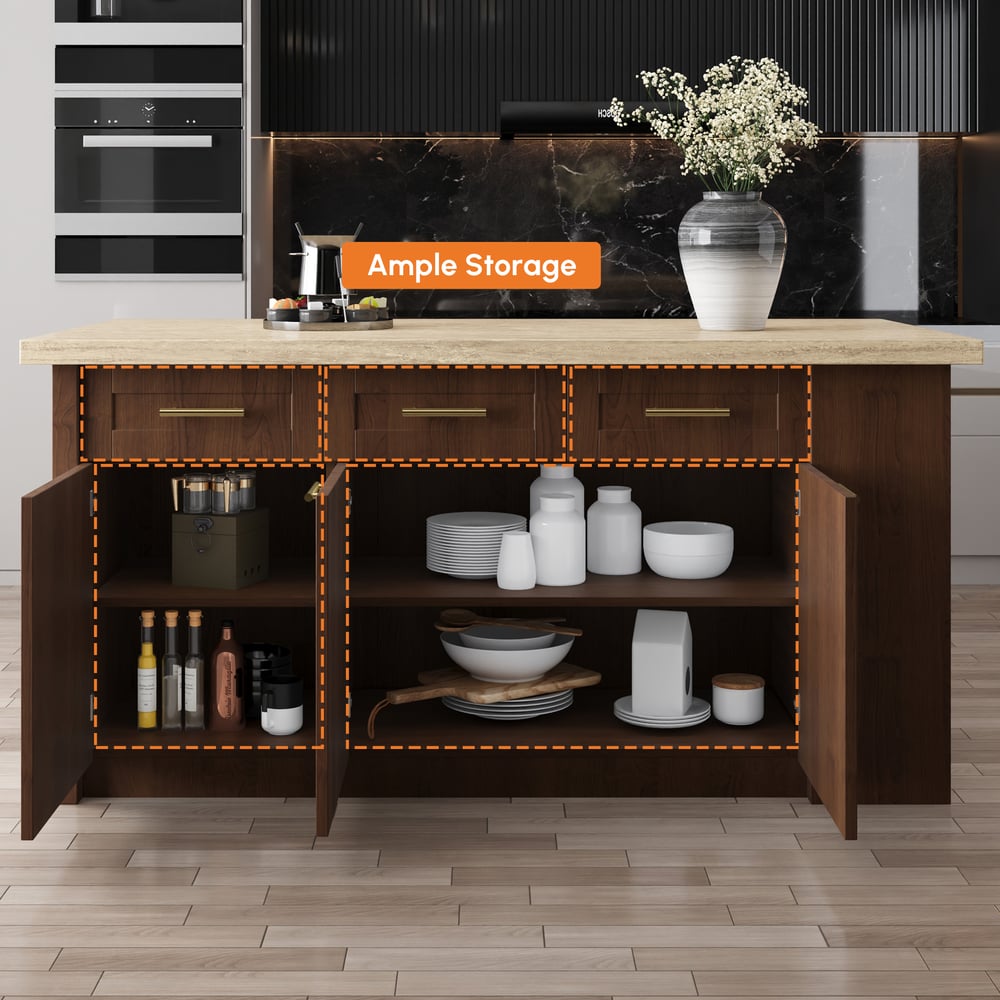 Ilha de cozinha grande de nogueira de 1830 mm com armazenamento Armário de cozinha moderno Imagem da janela