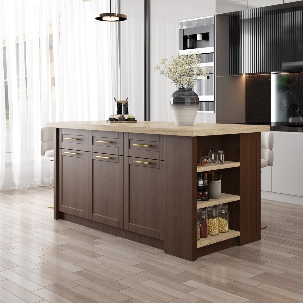 Ilha de cozinha grande de nogueira de 1830 mm com armazenamento Armário de cozinha moderno Imagem da janela