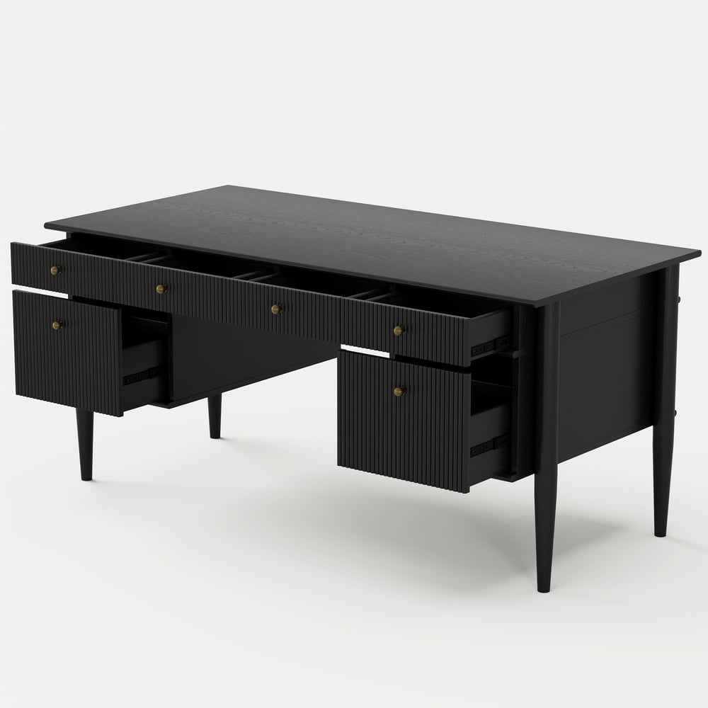 Mesa de escritório doméstico de madeira preta em estilo de meados do século de 1625 mm com 6 gavetas Imagem da janela