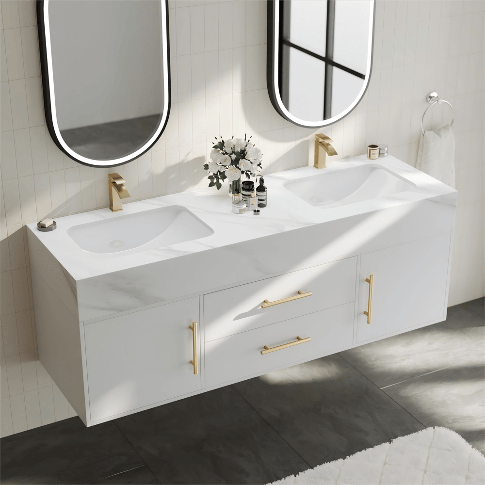 59" Double Sink Bathroom Vanity with Gold Handles – White Modern Floating Vanity window image