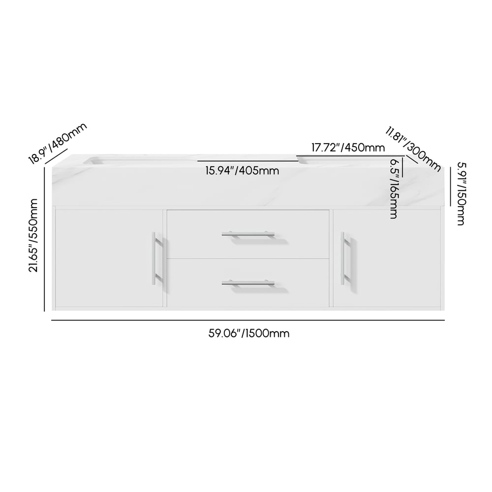 1500mm Double Sink Bathroom Vanity with Silver Handles – White Modern Floating Vanity weights dimensions image