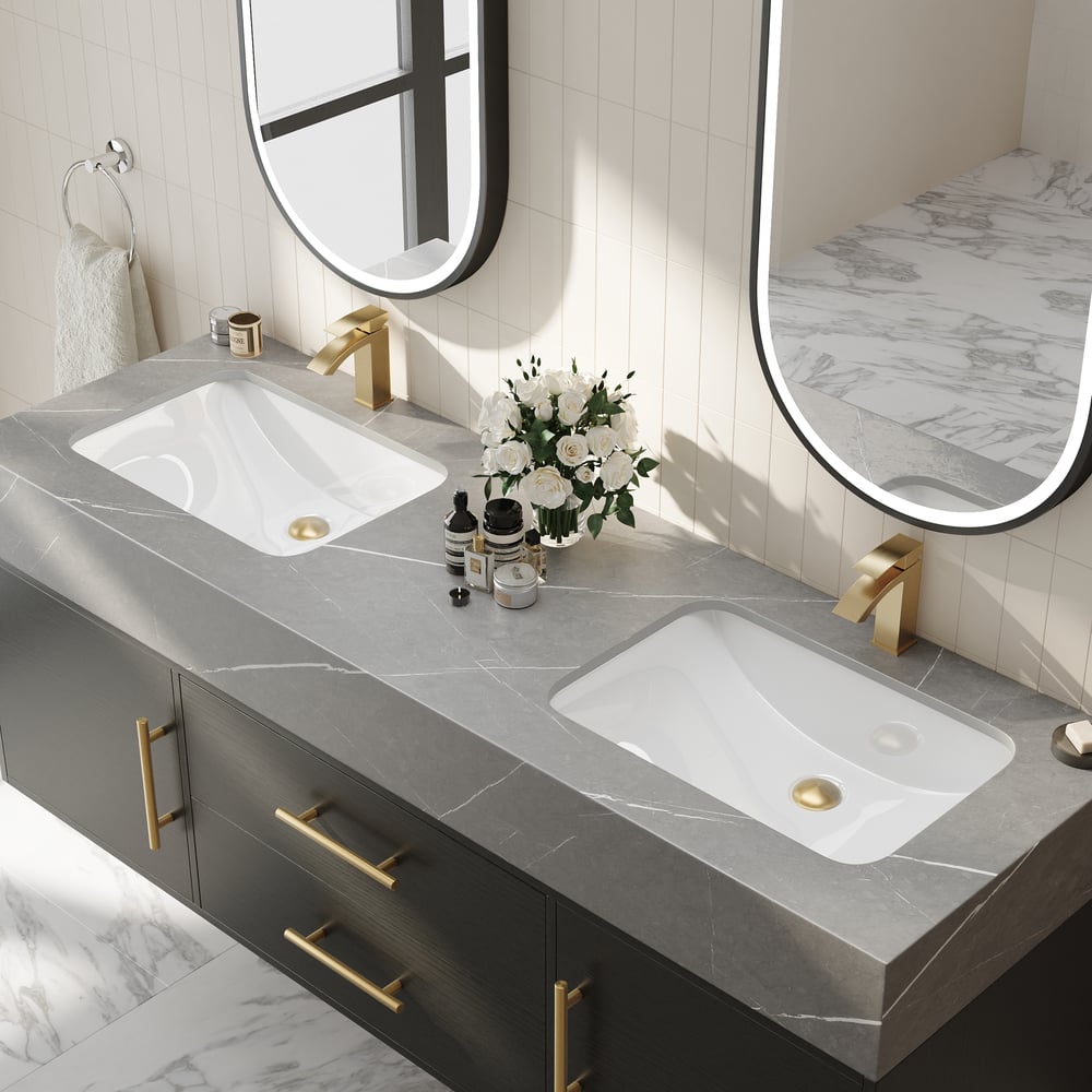 1500mm Black Double Sink Bathroom Vanity with Brushed Gold Handles, Floating Design window image