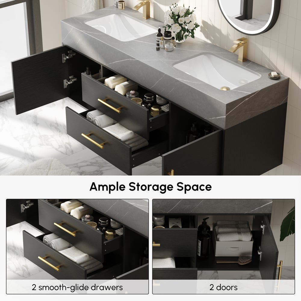 1500mm Black Double Sink Bathroom Vanity with Brushed Gold Handles, Floating Design window image