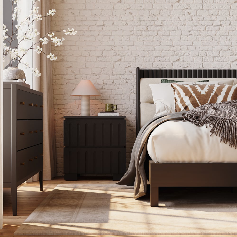 Noční stolek z jasanového dřeva se 2 zásuvkami se slinutým kamenem obrázek okna