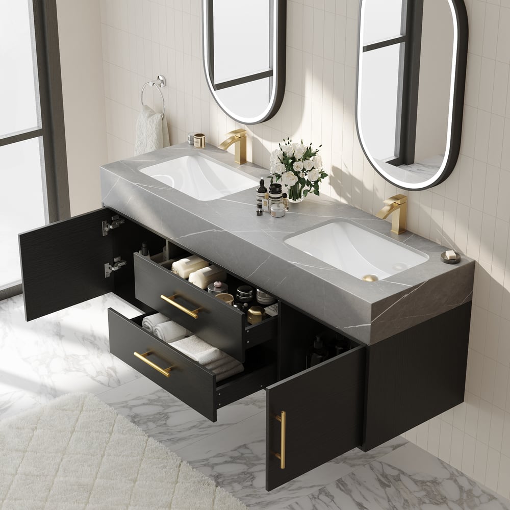 1500mm Black Double Sink Bathroom Vanity with Brushed Gold Handles, Floating Design window image