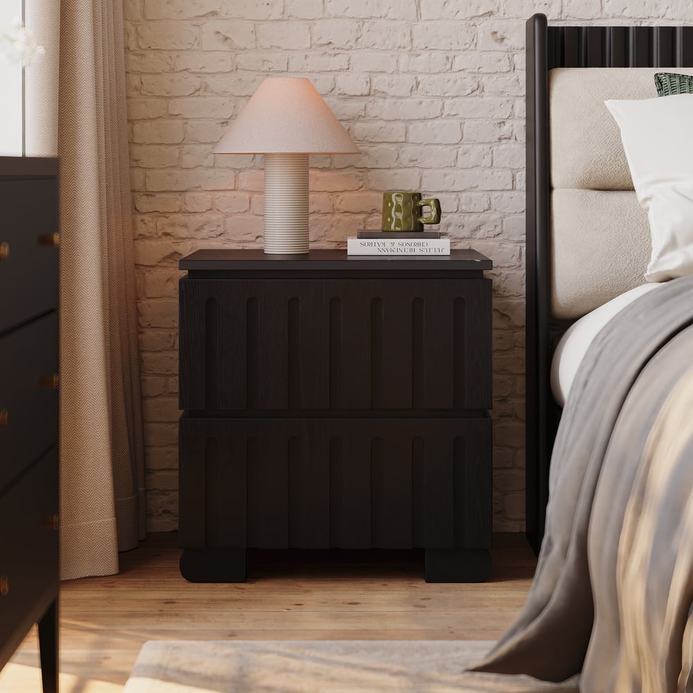 Noční stolek z jasanového dřeva se 2 zásuvkami se slinutým kamenem obrázek okna