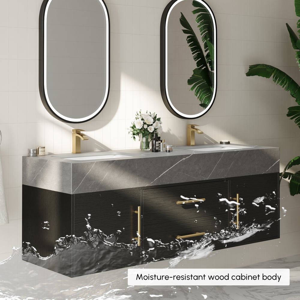 1500mm Black Double Sink Bathroom Vanity with Brushed Gold Handles, Floating Design window image