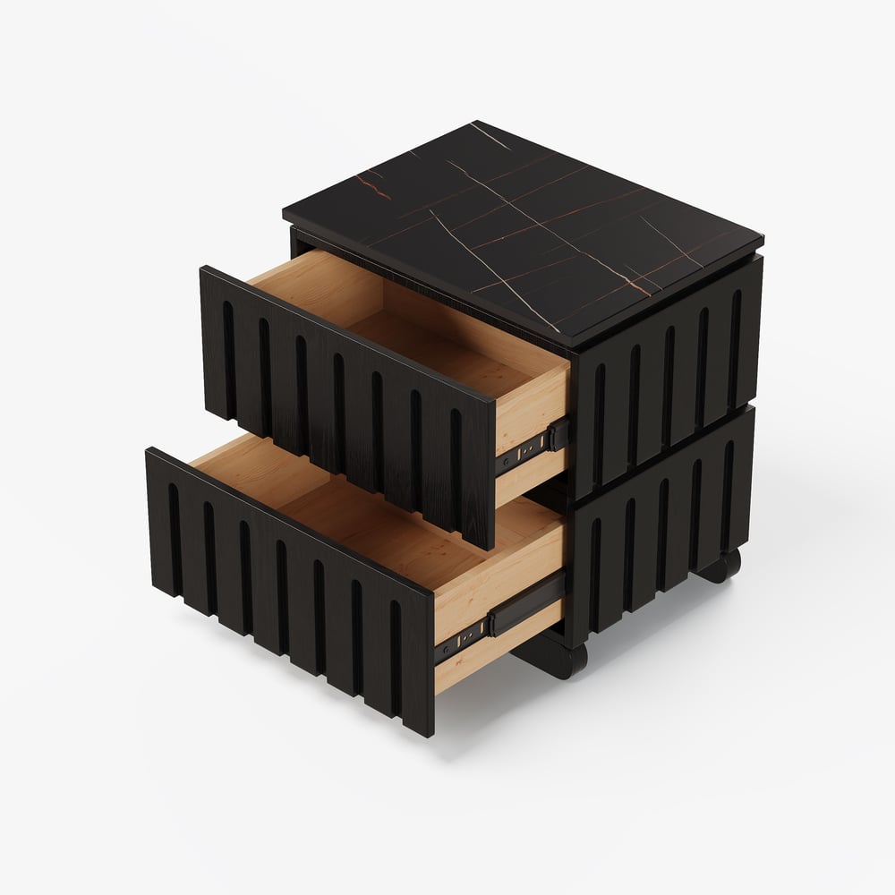 Noční stolek z jasanového dřeva se 2 zásuvkami se slinutým kamenem obrázek okna