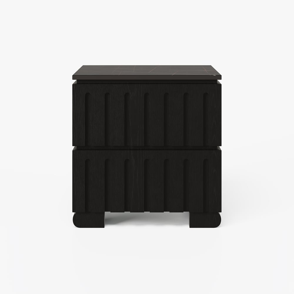 Noční stolek z jasanového dřeva se 2 zásuvkami se slinutým kamenem obrázek okna