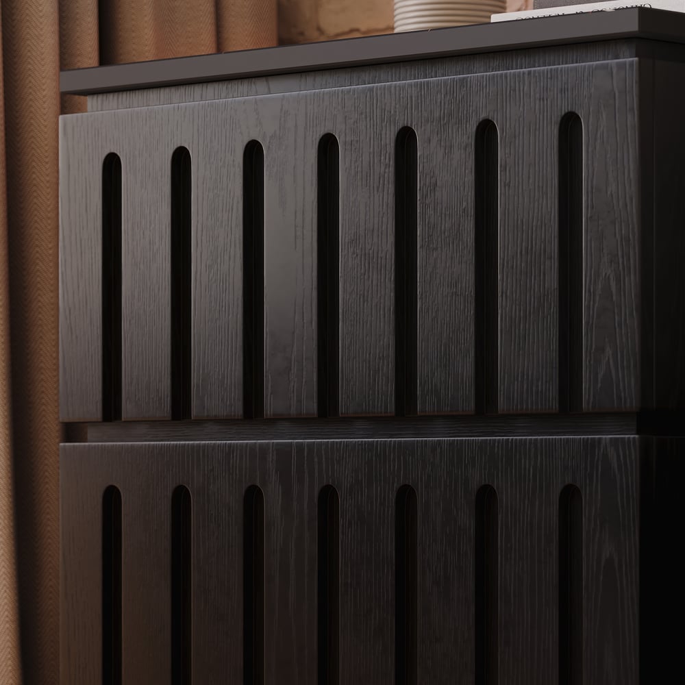 Noční stolek z jasanového dřeva se 2 zásuvkami se slinutým kamenem obrázek okna