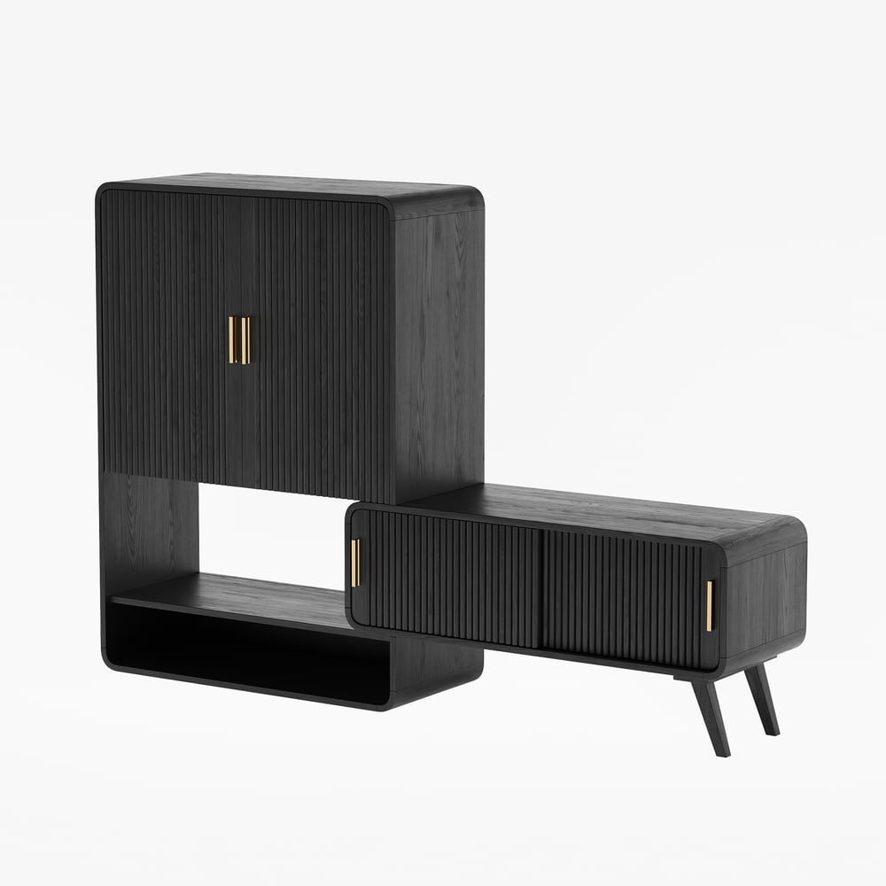 Armadio da ingresso scanalato in legno di frassino impiallacciato per scarpe Immagine della finestra