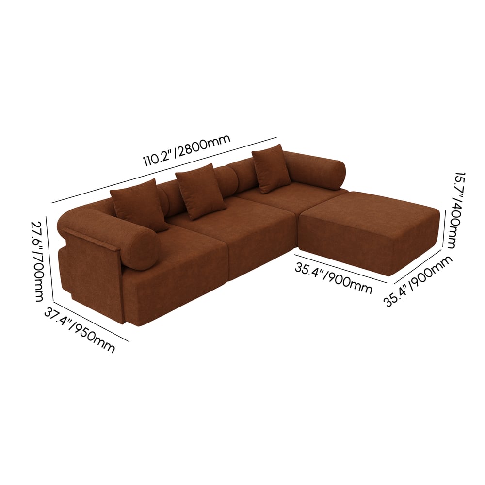 Serene 110" 4-Piece Modular Chenille Velvet L-Shaped Sectional with Ottoman weights dimensions image