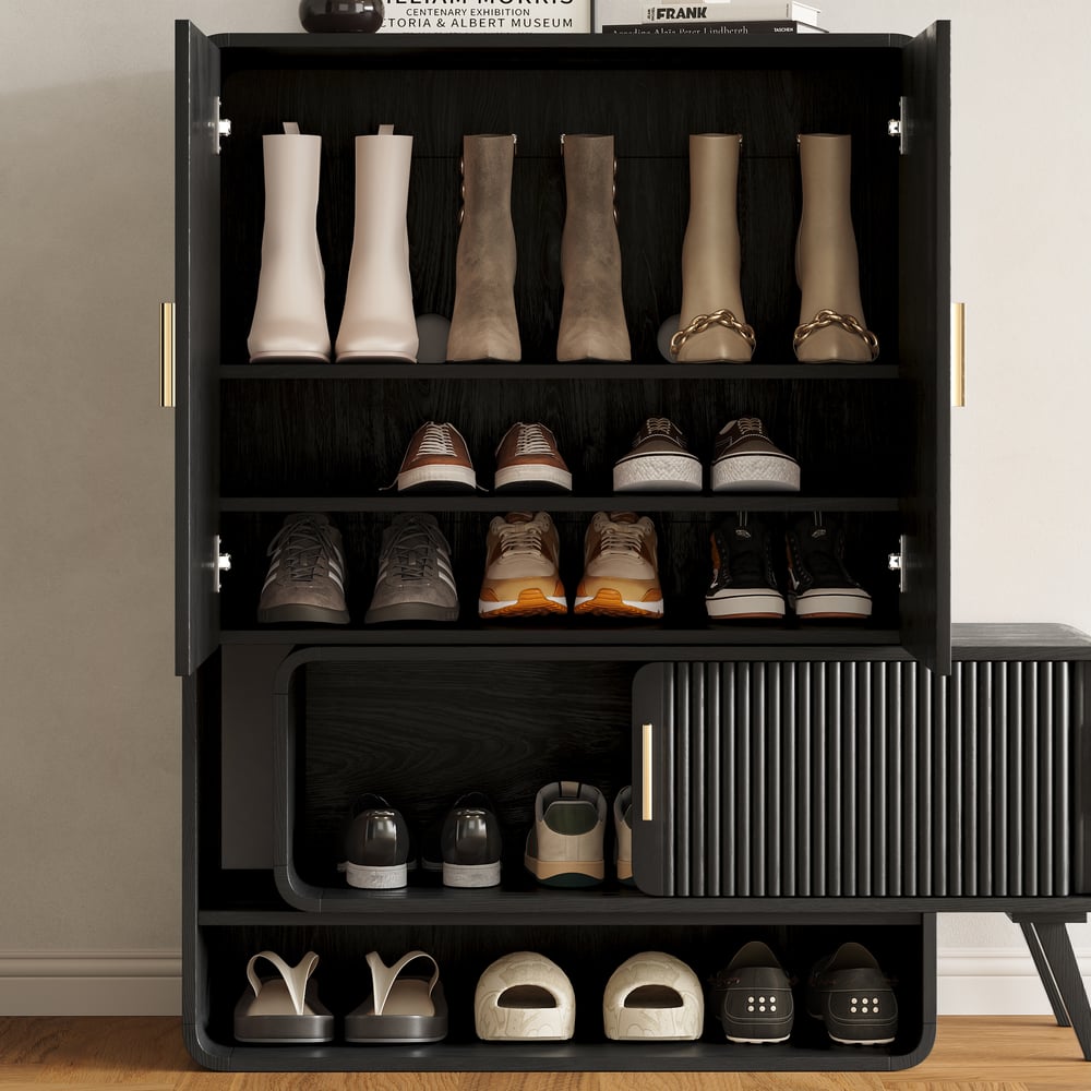 Armadio da ingresso scanalato in legno di frassino impiallacciato per scarpe Immagine della finestra