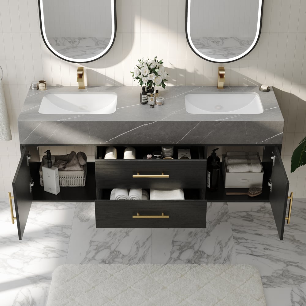 1500mm Black Double Sink Bathroom Vanity with Brushed Gold Handles, Floating Design window image