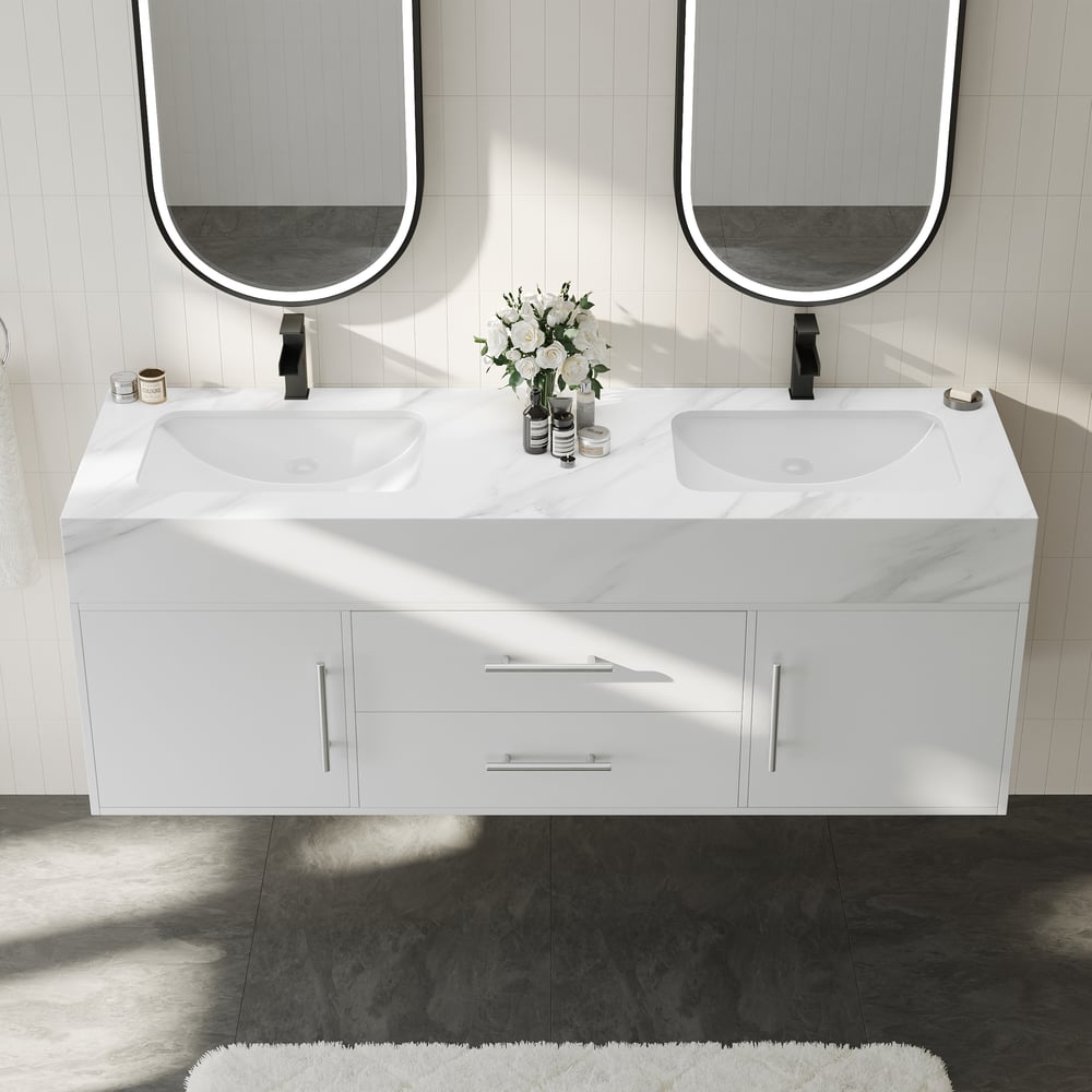 1500mm Double Sink Bathroom Vanity with Silver Handles – White Modern Floating Vanity window image