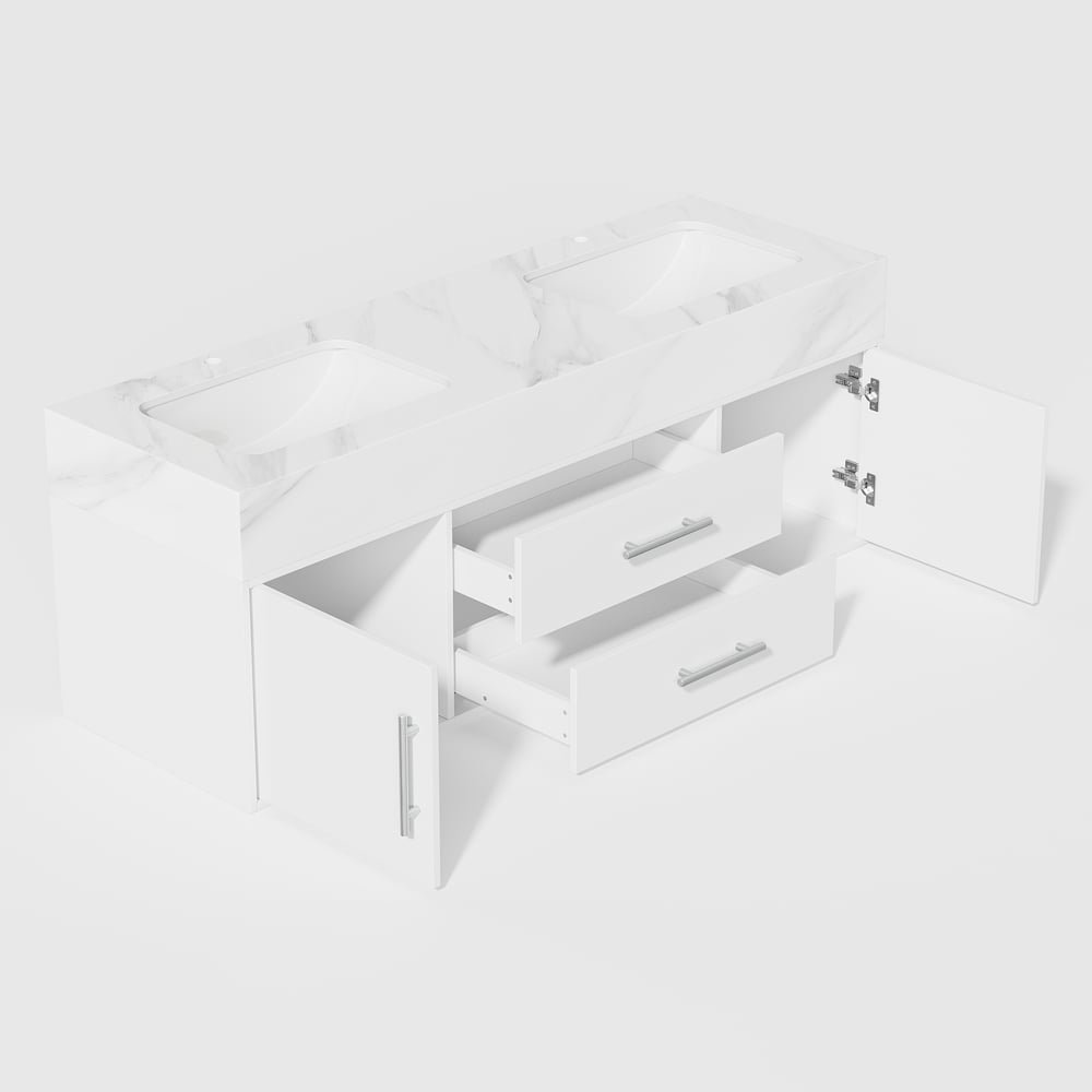 1500mm Double Sink Bathroom Vanity with Silver Handles – White Modern Floating Vanity window image