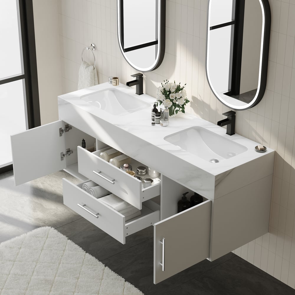 1500mm Double Sink Bathroom Vanity with Silver Handles – White Modern Floating Vanity window image