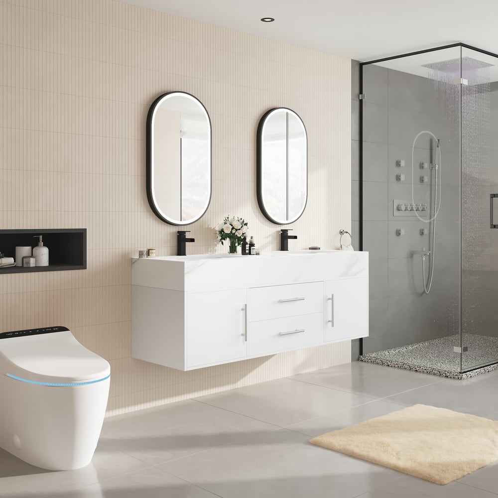 1500mm Double Sink Bathroom Vanity with Silver Handles – White Modern Floating Vanity window image