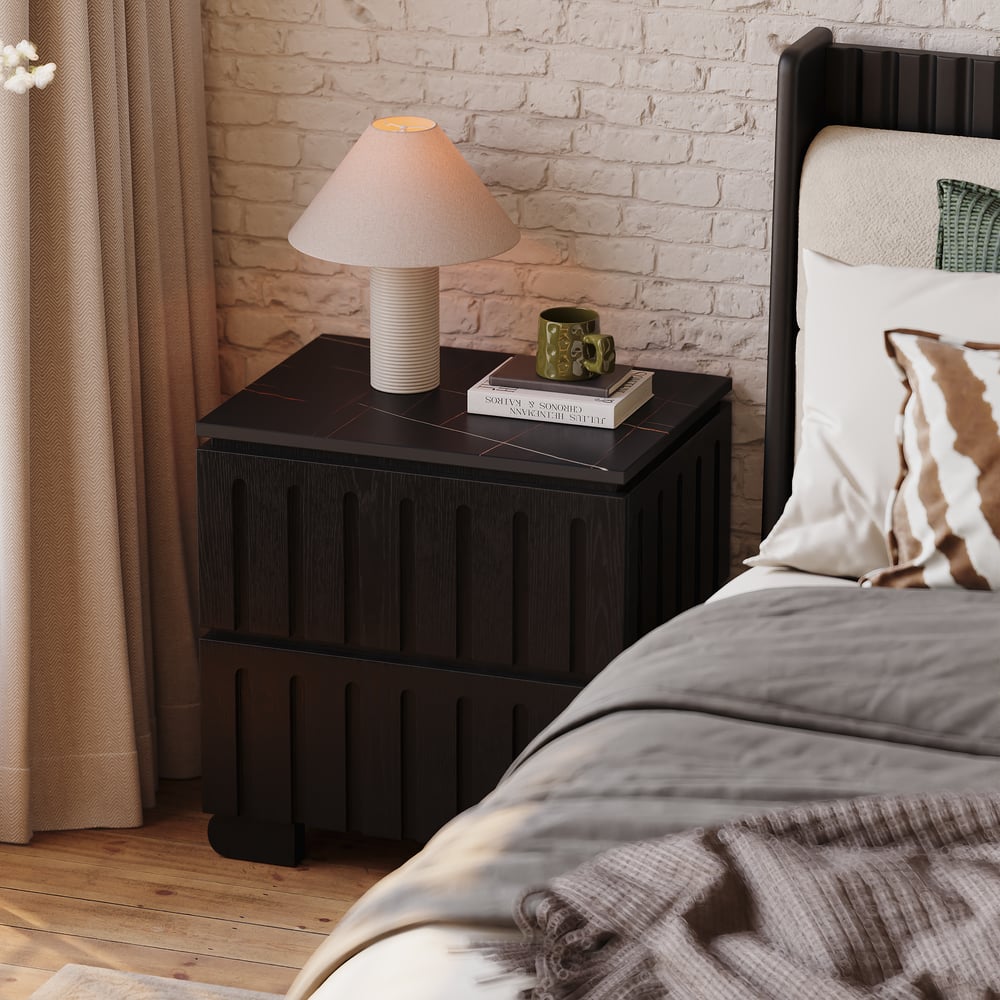 Noční stolek z jasanového dřeva se 2 zásuvkami se slinutým kamenem obrázek okna