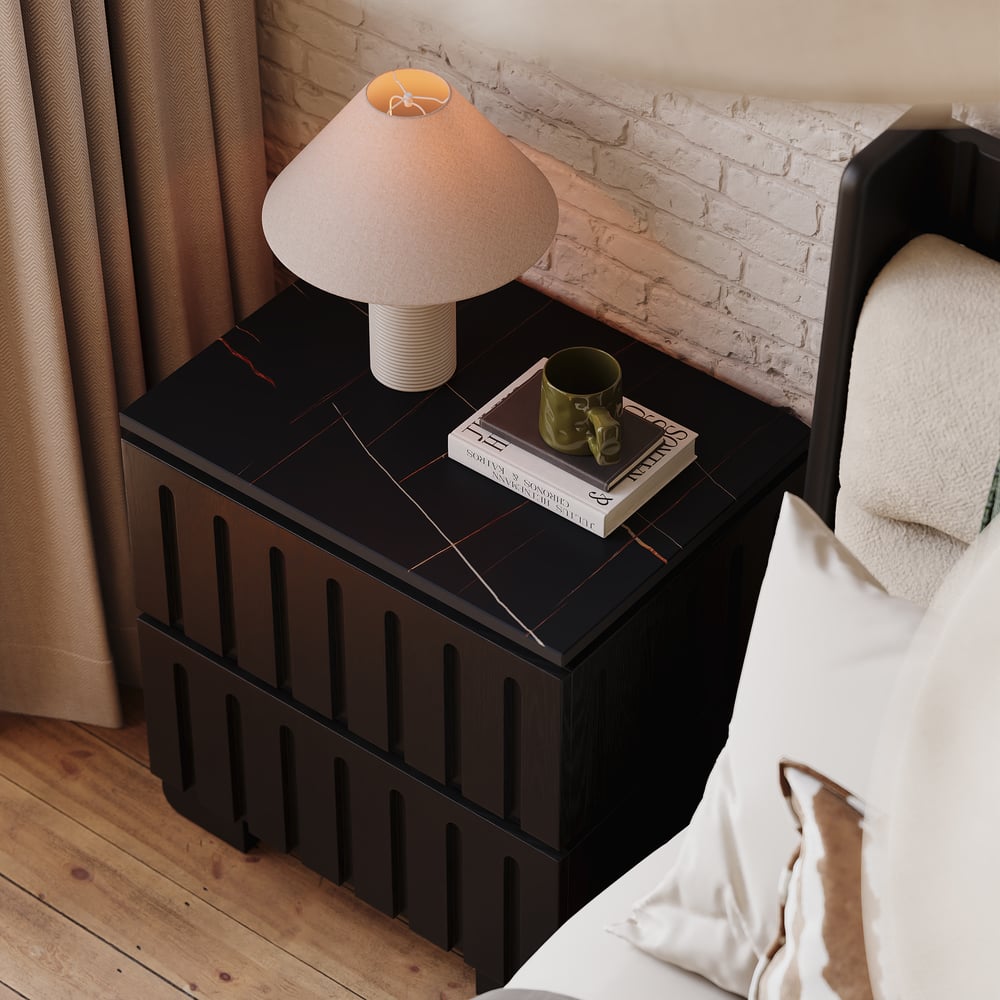 Noční stolek z jasanového dřeva se 2 zásuvkami se slinutým kamenem obrázek okna