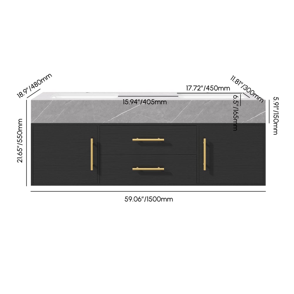 1500mm Black Double Sink Bathroom Vanity with Brushed Gold Handles, Floating Design weights dimensions image