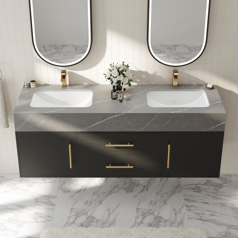 1500mm Black Double Sink Bathroom Vanity with Brushed Gold Handles, Floating Design window image